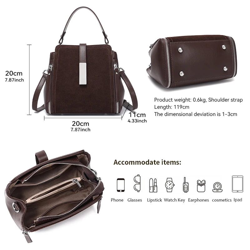 Suede Leather Shoulder Bag - Vintage Cowhide Handbag for Women