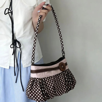 Pleated Dumpling Bag – Retro Wooden Button Shoulder Handbag