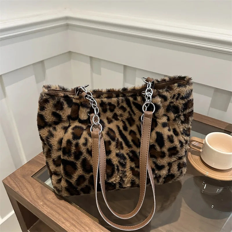 Leopard Print Fluffy Tote Bag – Women's Large Faux Fur Handbag