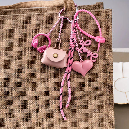 Mini Bow Bag Charm Keychain with Braided Rope & Heart Pendant