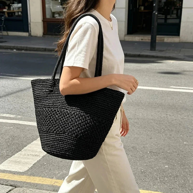 Raffia Straw Beach Tote Bag – Large Woven Shoulder Bag for Summer