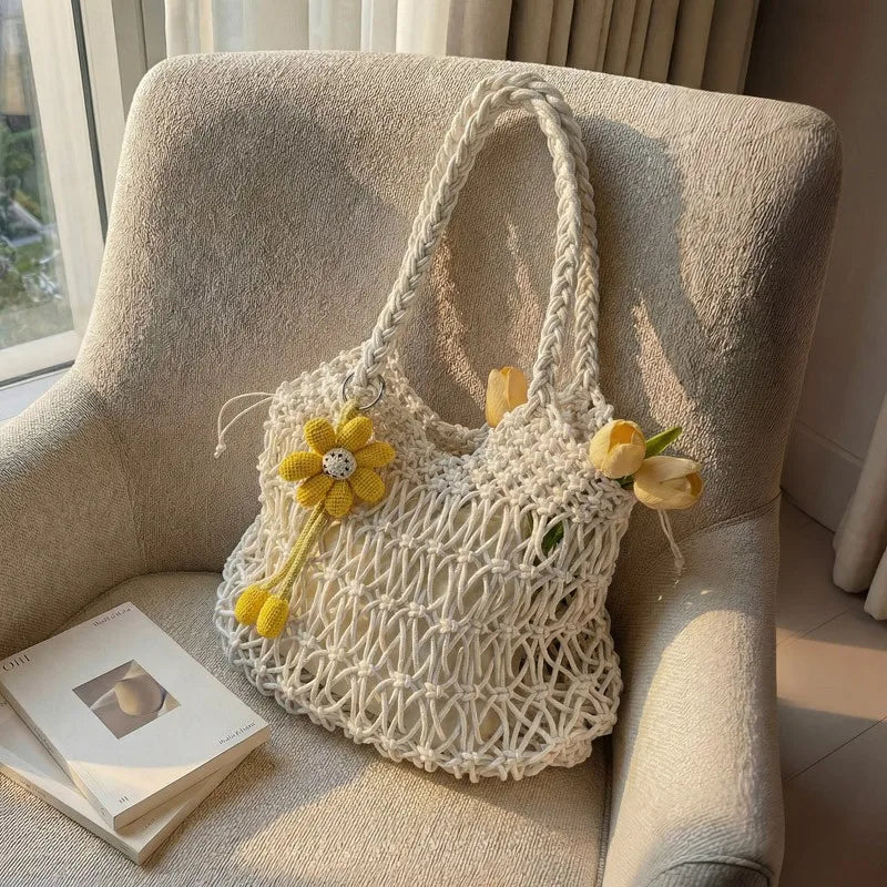 Straw Woven Hollow-Out Shoulder Bag with Flower Charm