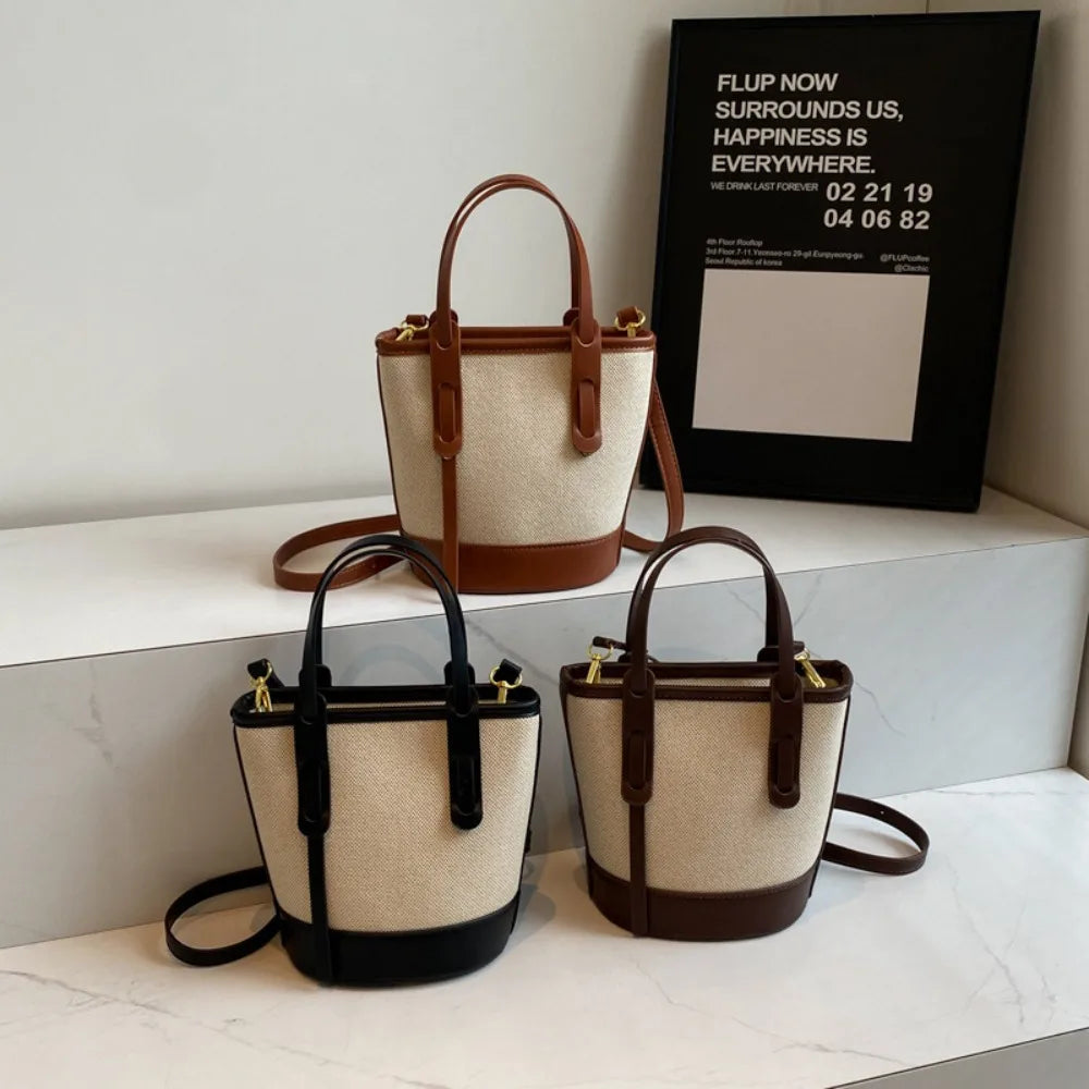 Versatile Pu Canvas Bucket Shoulder Crossbody Bags Simple Casual Sense Luxury Retro Handbags Women