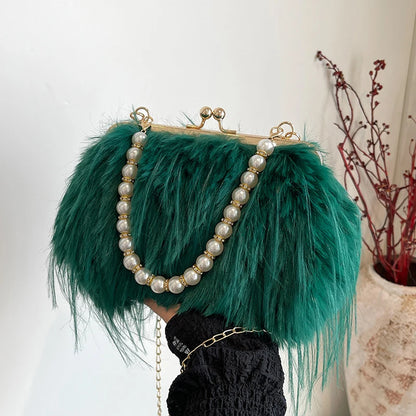 Plush Evening Bag – Fluffy Faux Fur Clutch with Pearl Handle