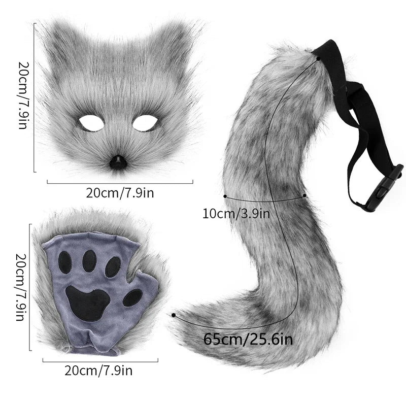 Fox Wolf Cosplay Costume Set – Fluffy Mask, Tail & Paw Gloves for Halloween