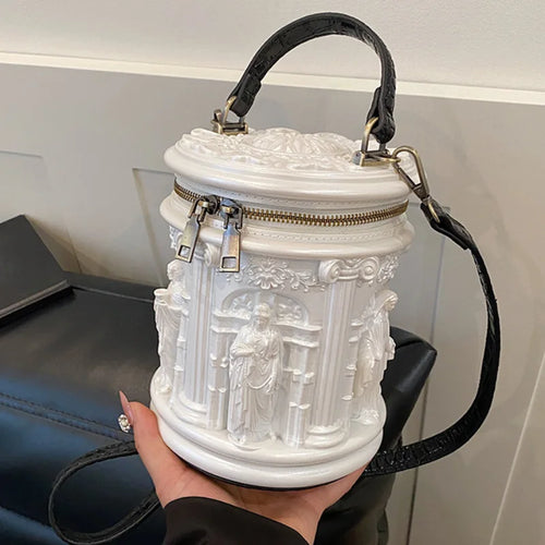 3D Embossed Baroque Bucket Bag – Sculptural Cylinder Handbag