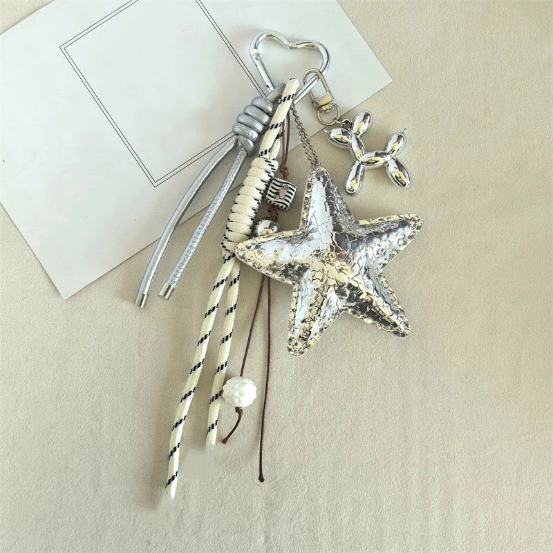 Bow Leather Charm Keychain with Braided Rope – Cute Bag Accessory