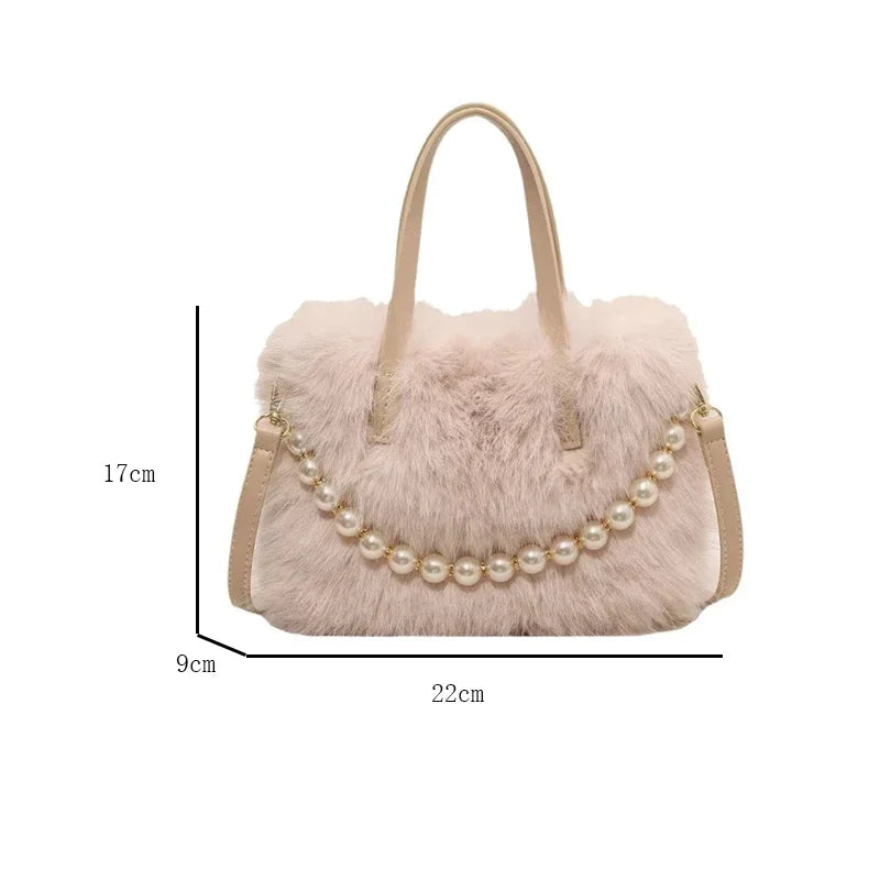 Faux Fur Crossbody Bag with Pearl Chain – Women's Winter Shoulder Handbag