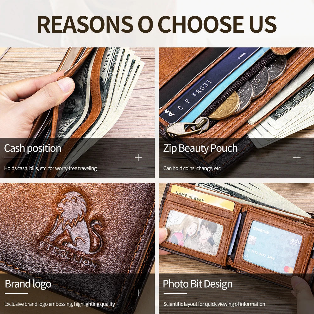 Steel Lion Men's Leather Bifold Wallet – RFID Anti-Theft Multi-Slot