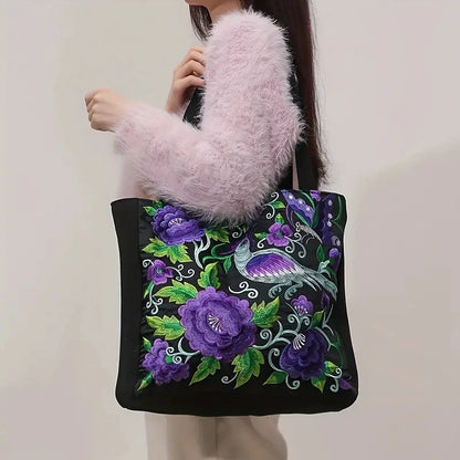Embroidered Canvas Tote Bag – Ethnic Floral & Phoenix Shoulder Bag