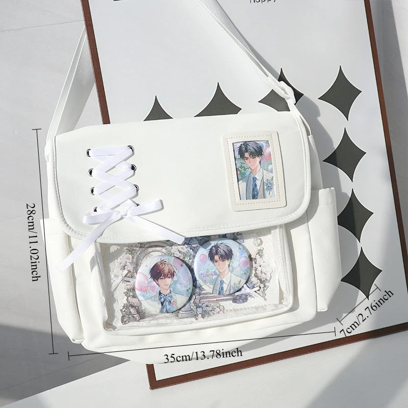 Canvas Crossbody Bag Kawaii Lace-Up Flap Shoulder Bag with Card Display
