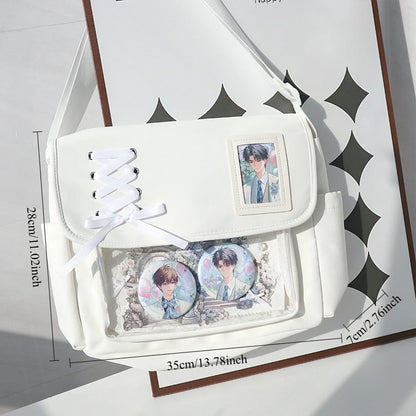 Canvas Crossbody Bag Kawaii Lace-Up Flap Shoulder Bag with Card Display