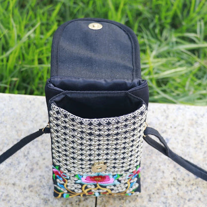 Embroidered Boho Crossbody Phone Bag for Women – Canvas Mini Shoulder Bag
