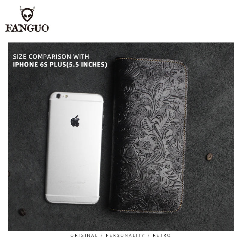Genuine Leather Long Wallet – Floral Embossed Bifold for Men & Women