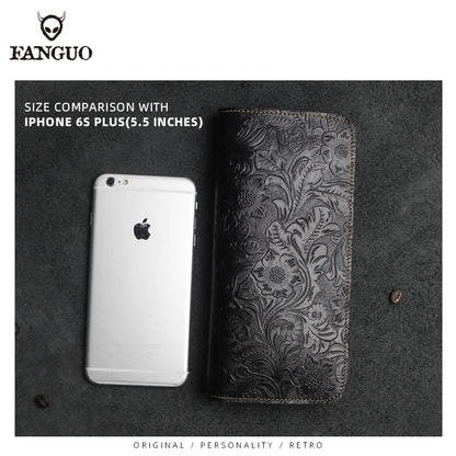 Genuine Leather Long Wallet – Floral Embossed Bifold for Men & Women
