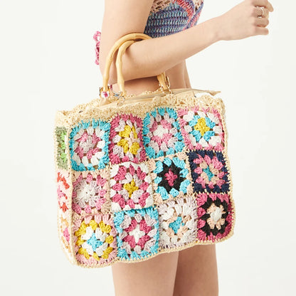 Bohemian Granny Square Staw Handbags Casual Paper Woven Bamboo Handle Women Hand Bags Handmade Summe