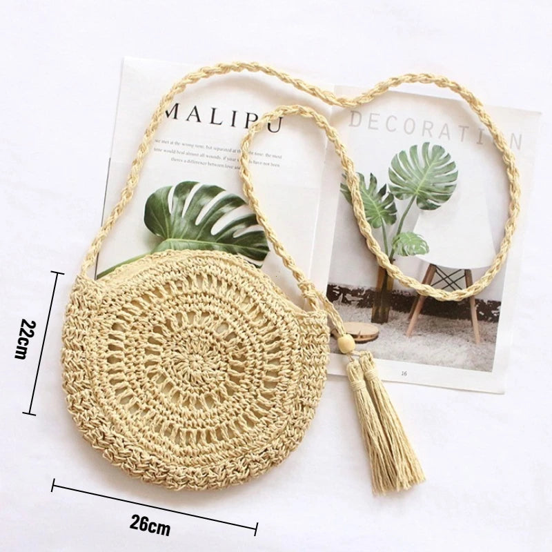 Round Straw Crossbody Bag – Boho Tassel Beach Bag