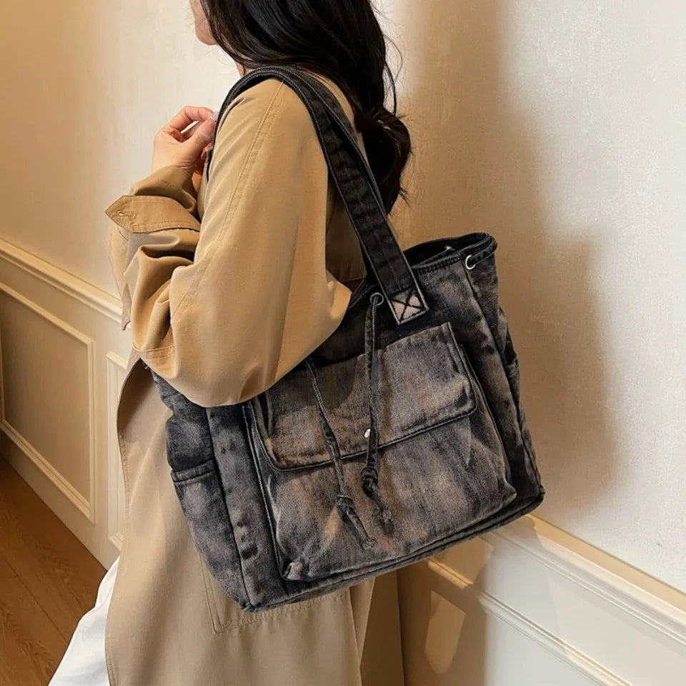 Denim Crossbody Tote Bag for Women – Large Capacity Retro Shoulder Bag