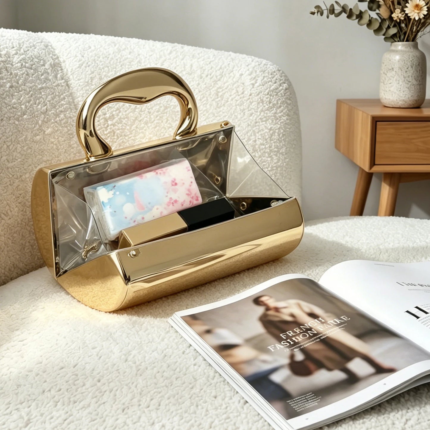 Mini Acrylic Cylinder Clutch Bag for Women – Metallic Evening Purse
