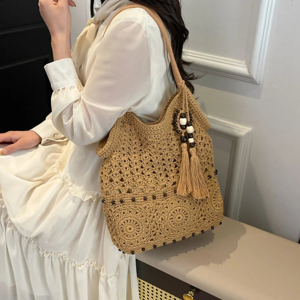Crochet Tote Bag – Boho Beach Bag with Tassel, Beads & Adjustable Strap