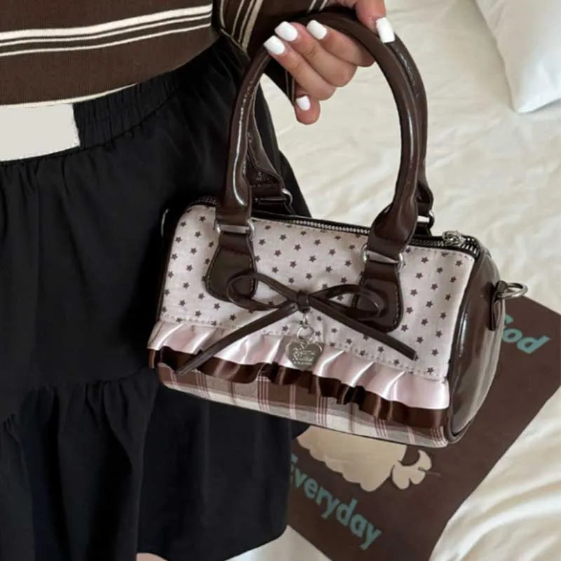 Kawaii Pillow Bag – Retro Plaid & Polka Dot Crossbody Purse