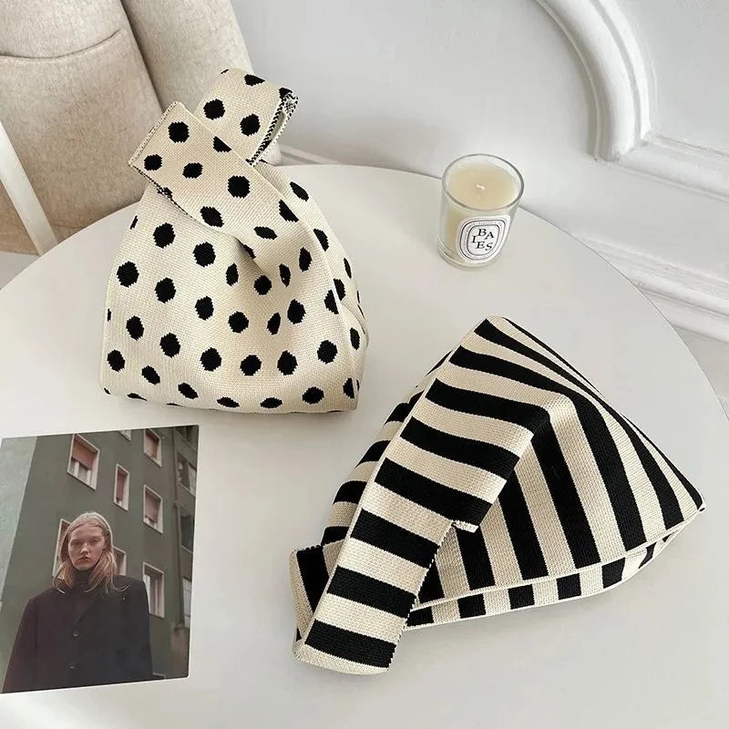 Knitted Knot Wrist Bag for Women – Mini Striped Handbag