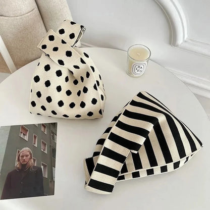 Knitted Knot Wrist Bag for Women – Mini Striped Handbag