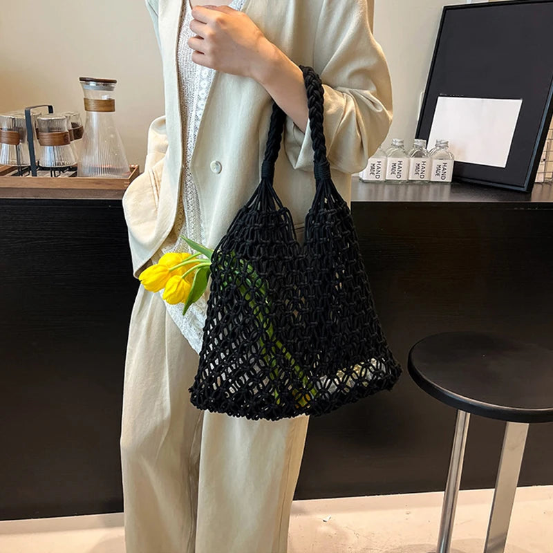 Boho Woven Tote Bag – Handmade Hollow Knit Beach Handbag