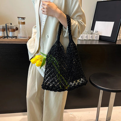 Boho Woven Tote Bag – Handmade Hollow Knit Beach Handbag