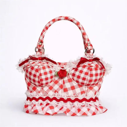 Novelty Bust-Shape Handbag – Plaid Lace Rose Shoulder Bag for Women