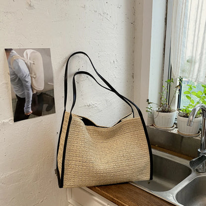 Straw Tote Bag – Large Capacity Woven Shoulder Handbag with Leather Trim