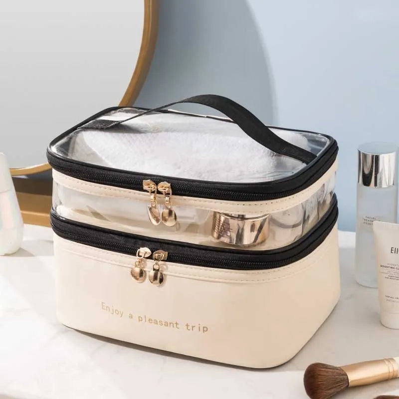 Large Capacity Travel Makeup Bag Double Layer Clear PU