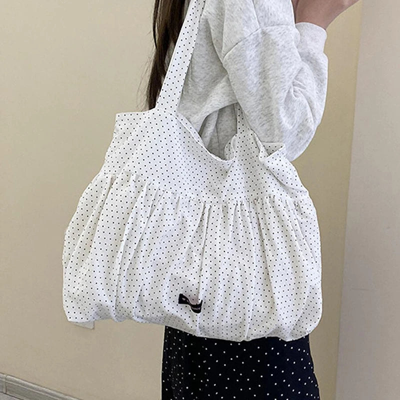 Korean Style Polka Dot Canvas Tote Bag Women Bow Decor Pleated Handbag Large Capacity Casual Daily