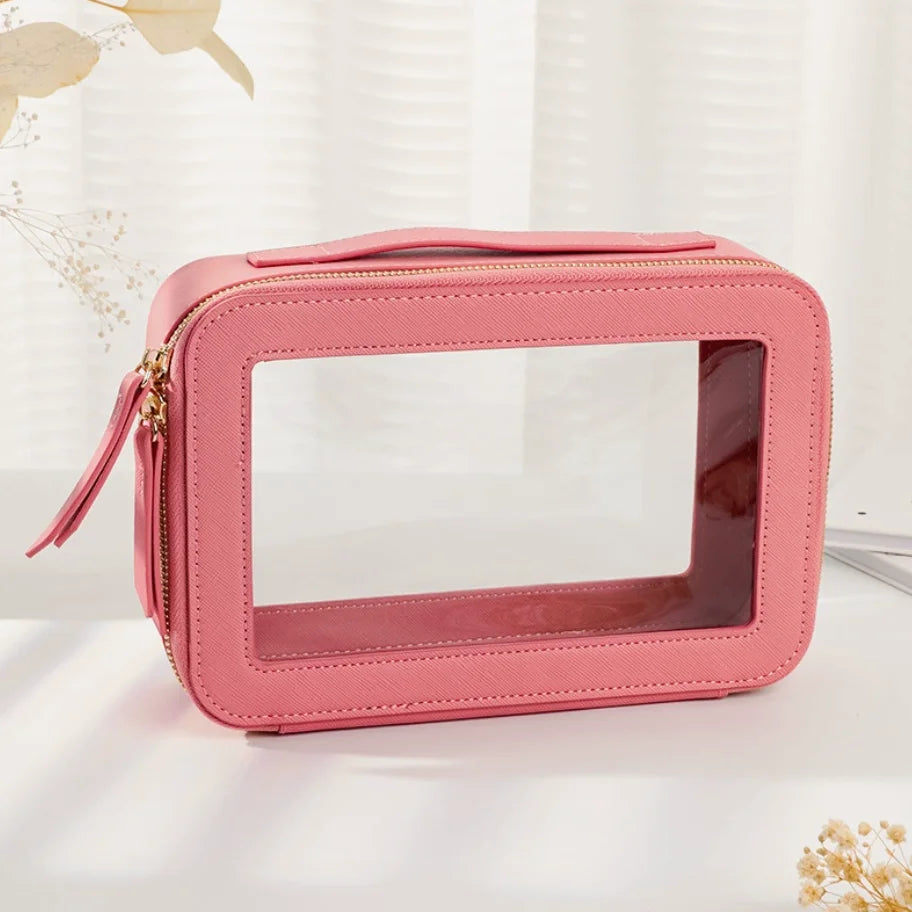 Transparent PVC Window Makeup Bag – PU Leather Travel Cosmetic Organizer