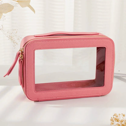 Transparent PVC Window Makeup Bag – PU Leather Travel Cosmetic Organizer
