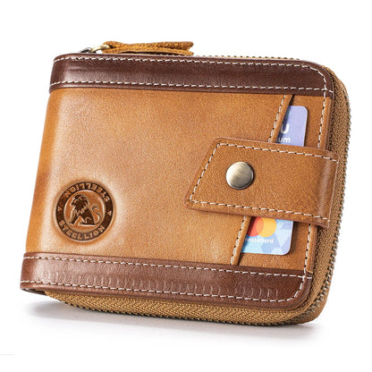 Men's Leather Zipper Wallet with Coin Purse & Card Slots