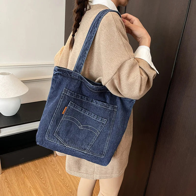 Denim Tote Bag – Large Capacity Shoulder Bag with Pocket