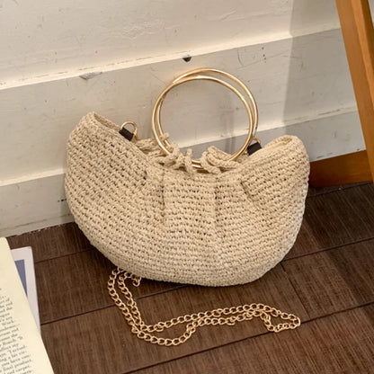 Handwoven Straw Crossbody Bag with Gold Ring Handle