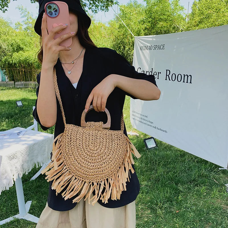 Tassel Straw Crossbody Bag for Women – Handwoven Semicircle Beach Handbag