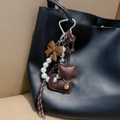 Cute Leather Cat Bag Charm Keychain with Pearl & Bowknot for Women