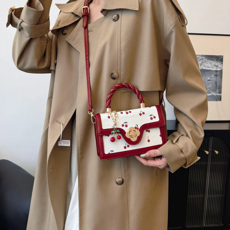 Cherry Print Crossbody Bag with Top Handle & Shoulder Strap