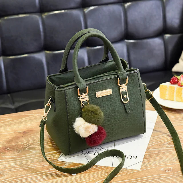 PU Leather Handbag for Women – Crossbody Bag with Fur Ball Charm