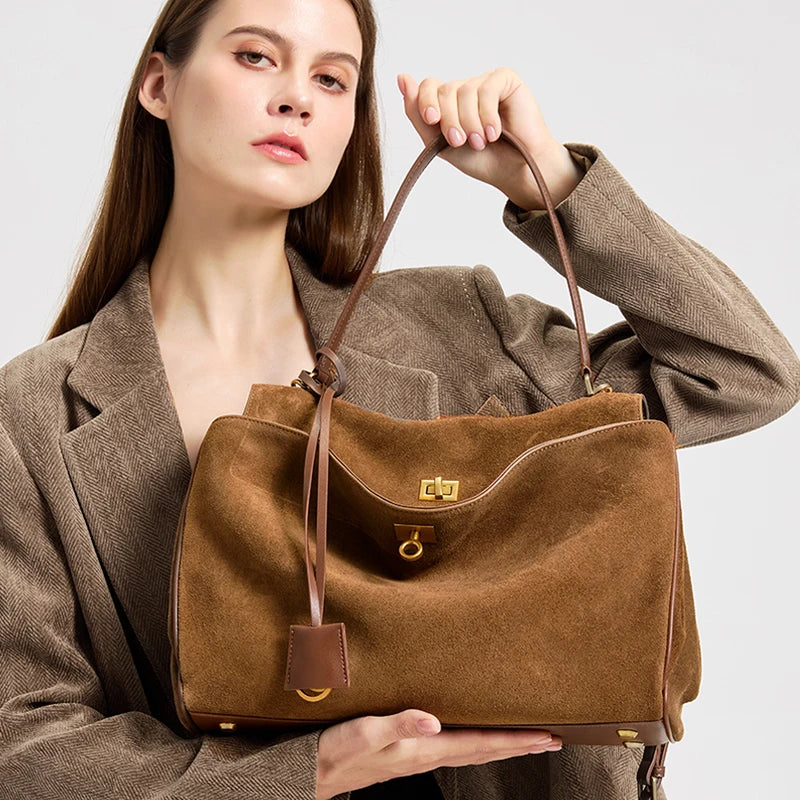 Suede Genuine Leather Tote Bag for Women – Large Capacity Shoulder Handbag