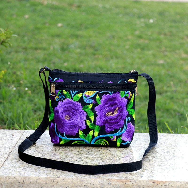 Embroidered Canvas Crossbody Bag – Ethnic Floral Shoulder Bag