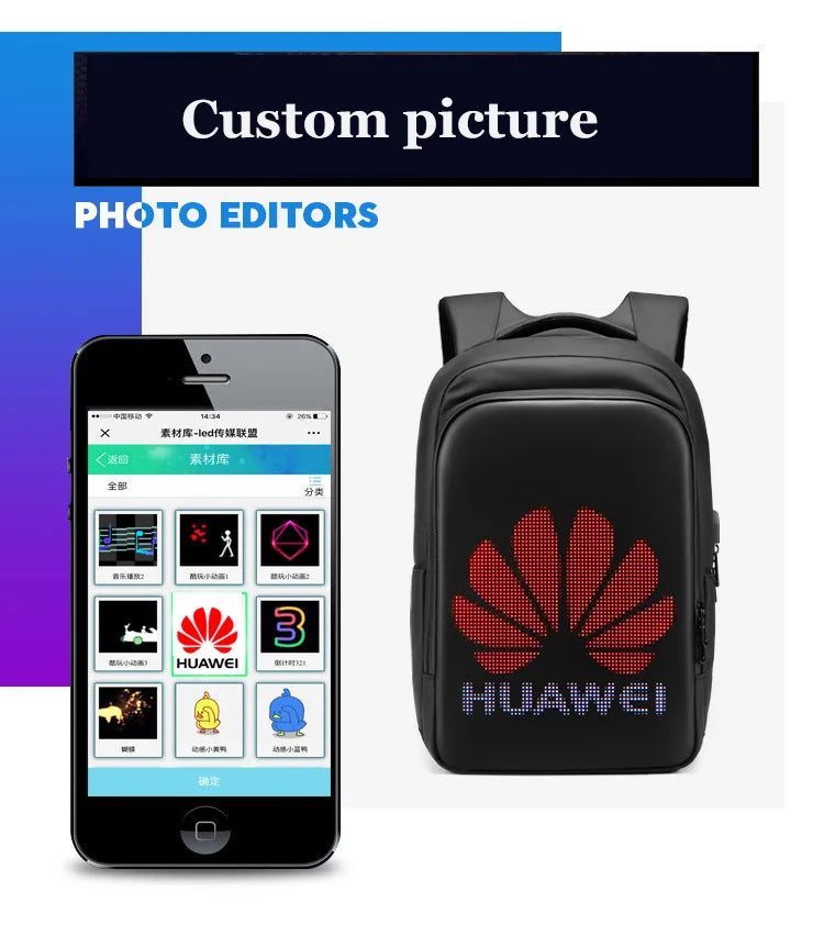 LED Display Smart Backpack – DIY Screen, 15.6" Laptop, Business & Travel for Men & Women