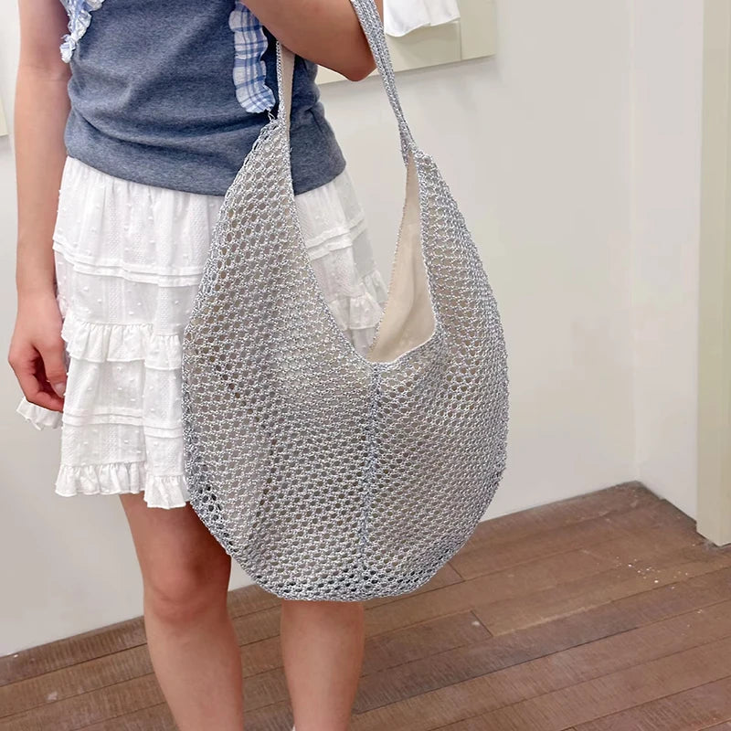 Silver Woven Mesh Hobo Tote Bag Large Capacity for Women