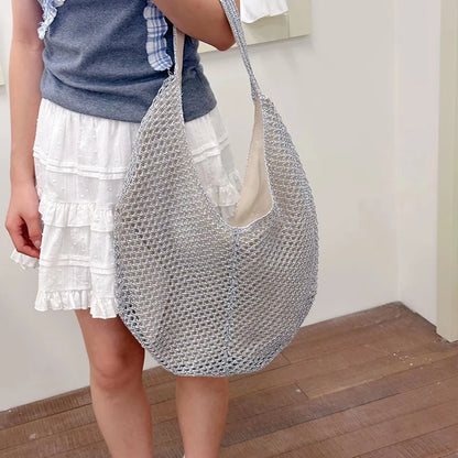 Silver Woven Mesh Hobo Tote Bag Large Capacity for Women