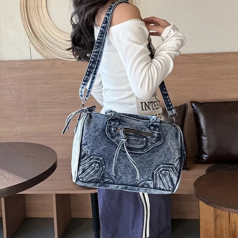 Retro Washed Denim Tote Bag – Women's Designer City Shoulder Bag