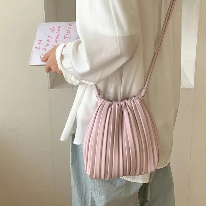 Pleated PU Leather Crossbody Bag – Mini Bucket Shoulder Bag for Women