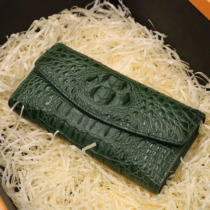 Crocodile Leather Women's Long Wallet with Card Slots & Coin Purse
